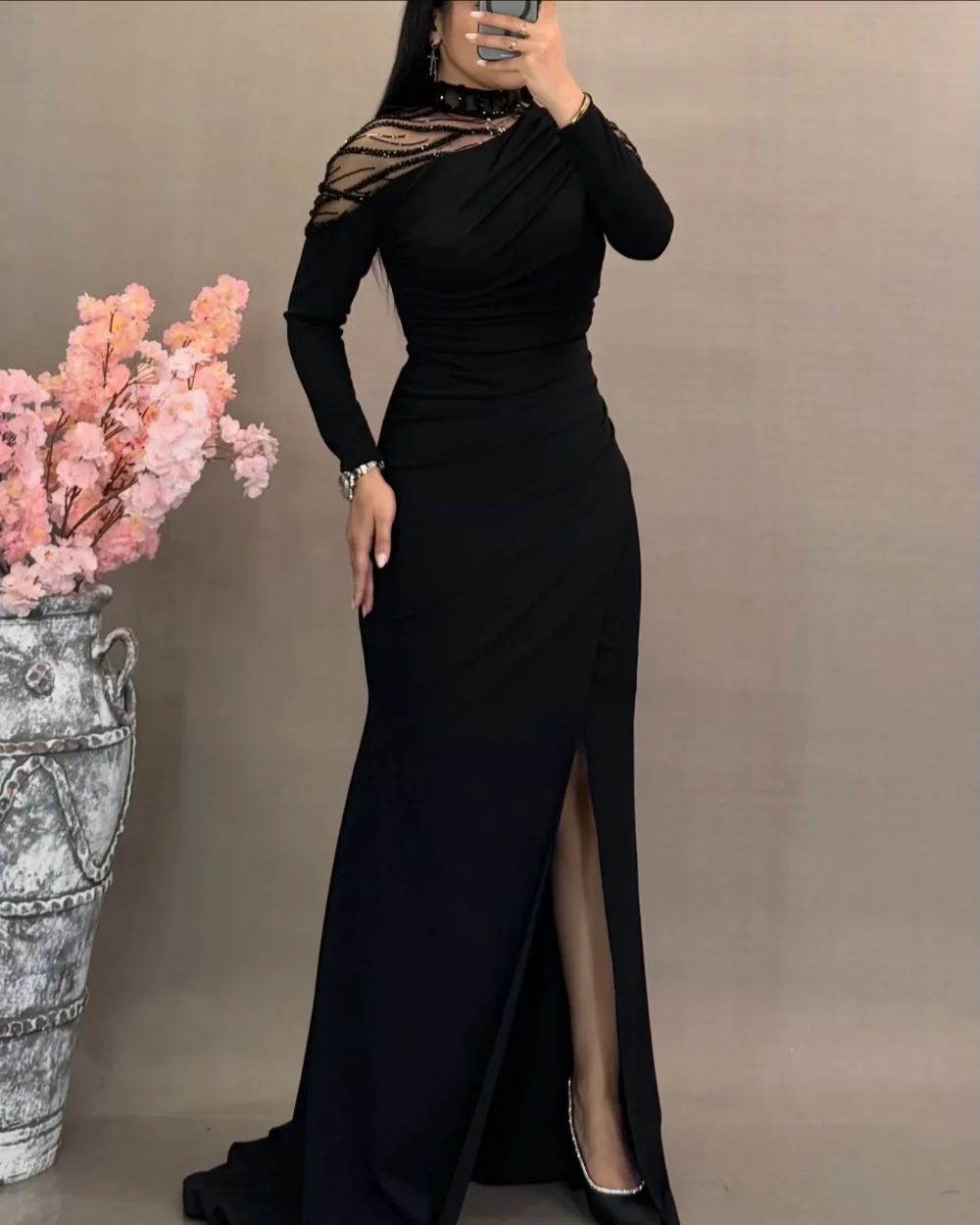 

Customized Classic Women Jersey Rhinestone Ruched Mermaid Evening Dress Formal High Collar Long Sleeves Floor Lenght Party Gowns