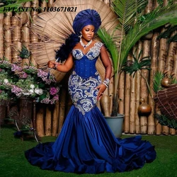 EVLAST Customized Nigerian Traditional Reception Dress African Royal Blue Embroidery Prom Dresses Aso Ebi Evening Gowns P169