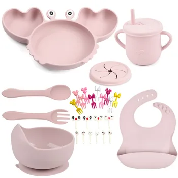 6pcs/set Baby Silicone Sucker Drinkware Dishes Plate Tableware Kids Bowl Spoon Fork Bib Feeding Set Children's Stuff Accessories