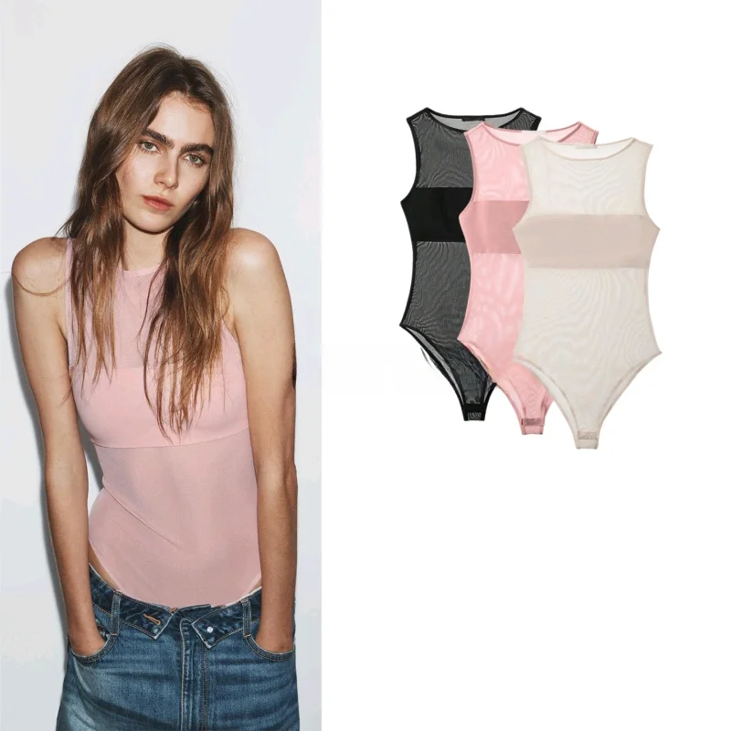 

Spring New Women's Simple Sle round Ne Svel High Waist One-Piece Suit Street Sle Polyester Fiber ort Pants