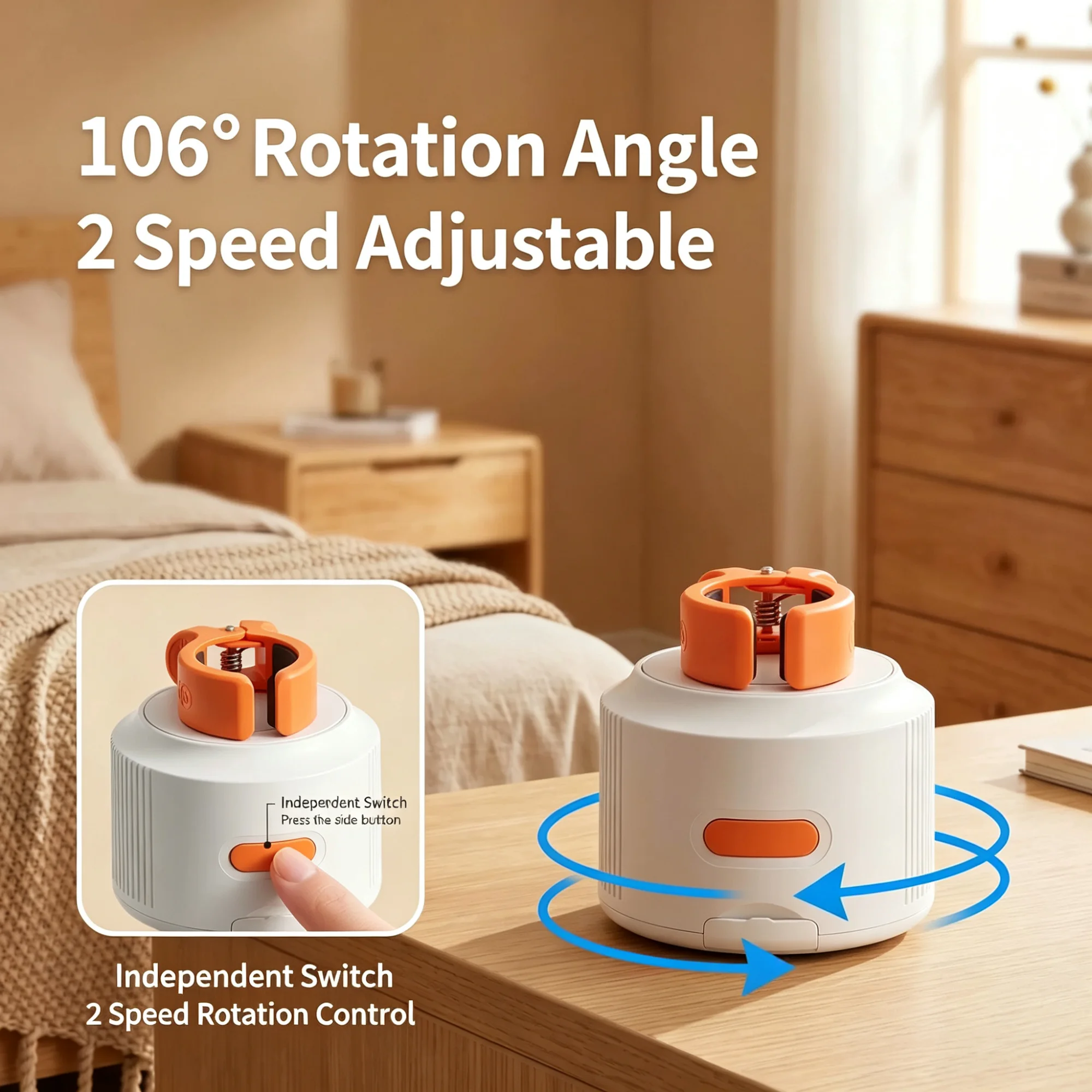 Portable Handheld Fan Swivel Base 106° Rotation Angle 2 Speed Adjustable Wide Clip Independent Switch Home Office Desk Stand