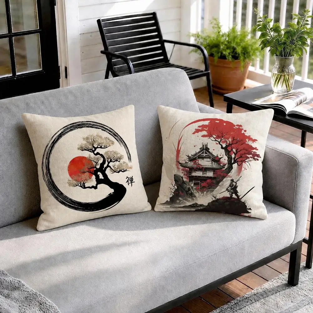 Chinese Ink Painting Style Cushion Cover Natural Linen Organic Fabric Double-Sided Printing Sofa Home Decor Gift Pillow Cover