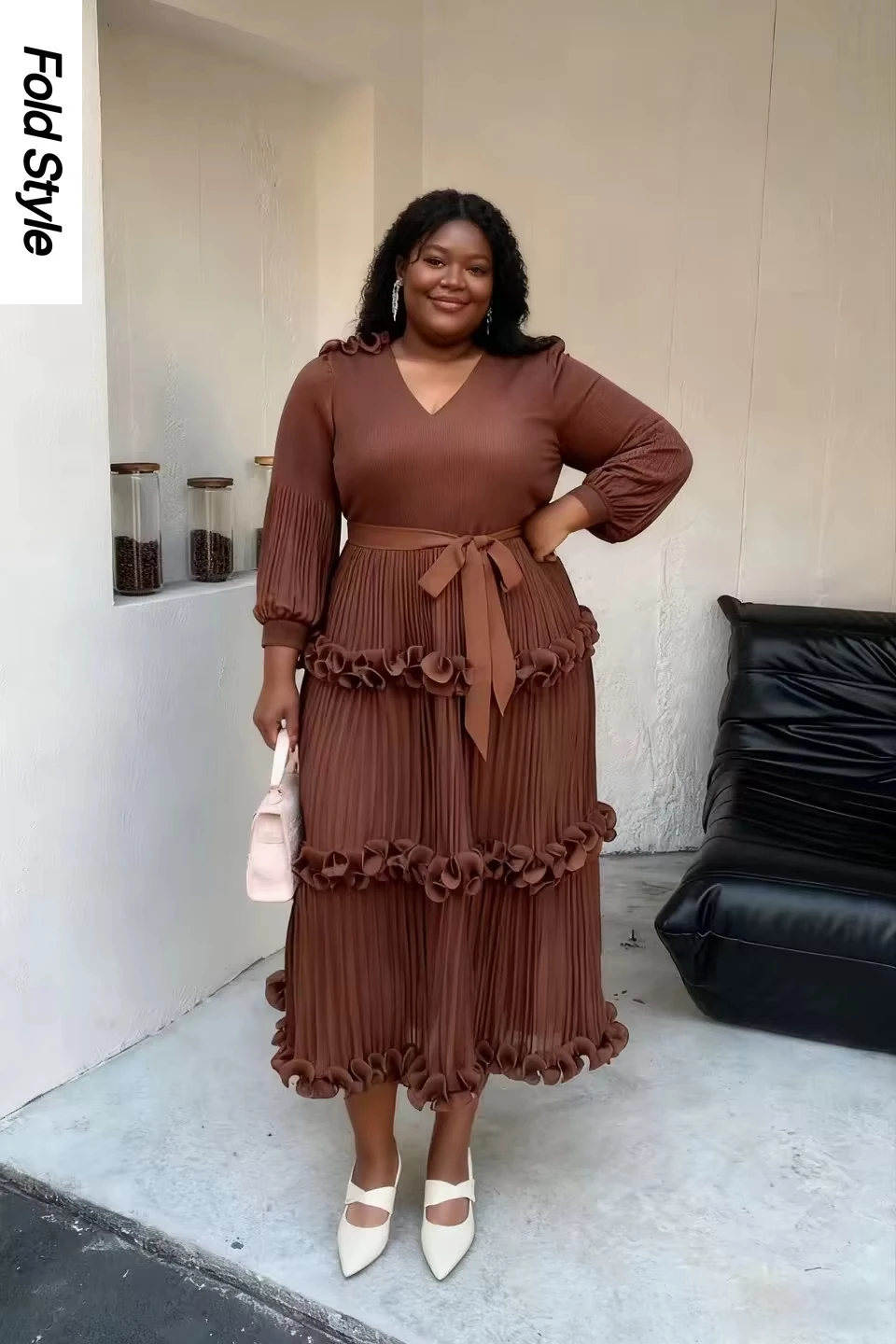 

Новое платье Miyake 2025: модное, приталенное, с V-образным вырезом, однотонное, с длинными рукавами, плиссированное, повседневное, женская одежда