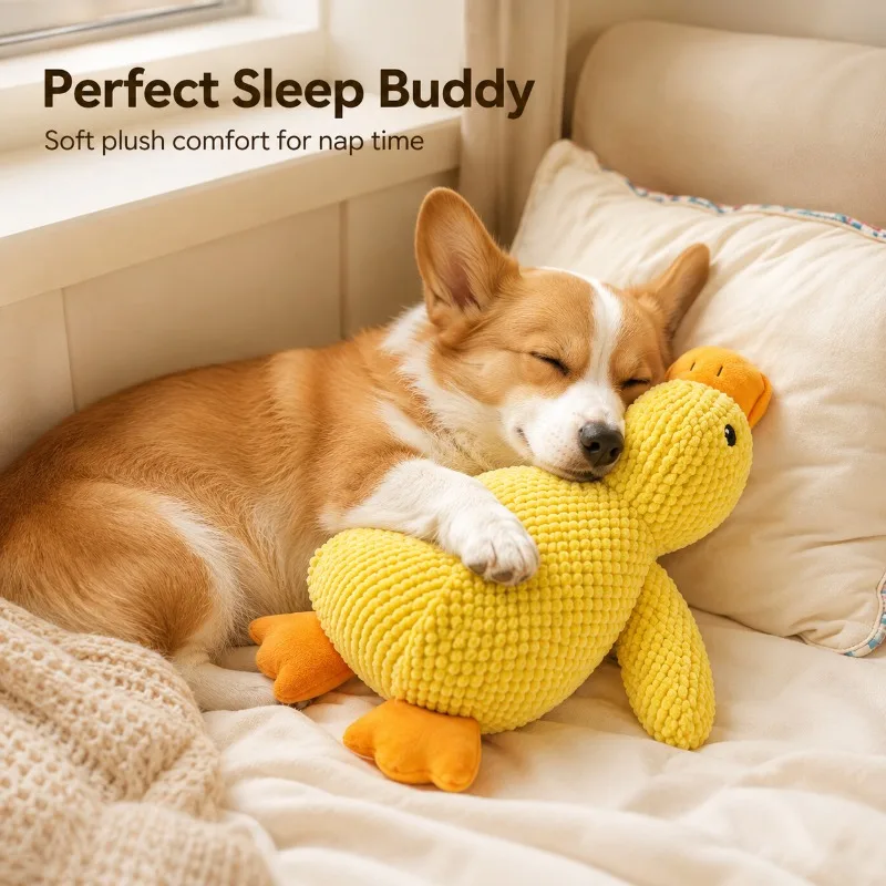 Yellow Duck Squeaky Dog Toy, Soft Chenille Plush Chew Toy with Embroidered Eyes, Interactive Cuddle Toy for Small to Large Dogs