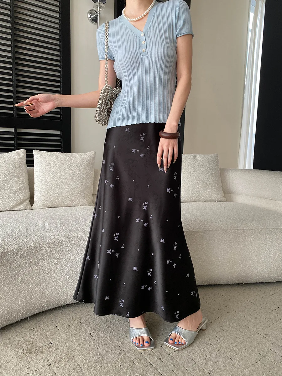 Frühlings- und Sommerrock für Damen im chinesischen Stil mit Schmetterlings-Jacquardmuster, elastischer hoher Taille und drapiertem Satin. – Detail 28