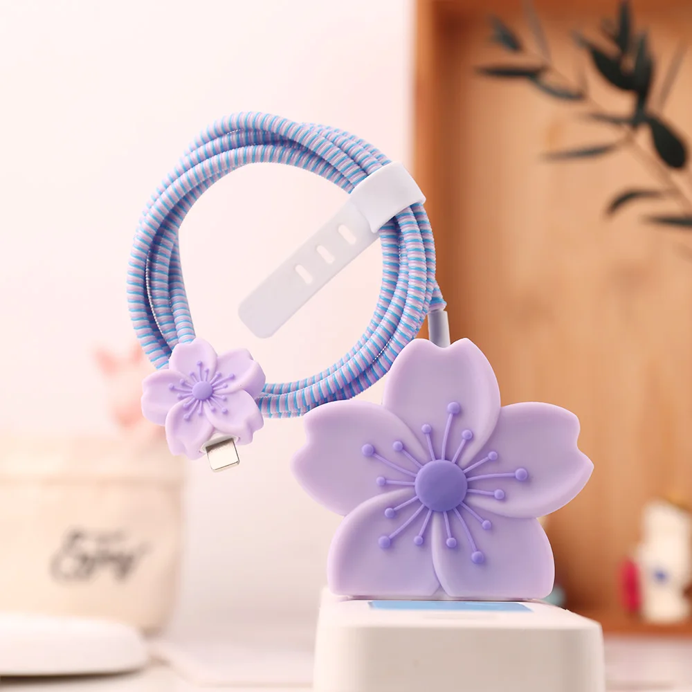 Cartoon Flower Phone Charger Case For iPhone 16 15 14 13 12 11 Pro Max 18W 20W Charger Protector Data Cable Winder Accessories