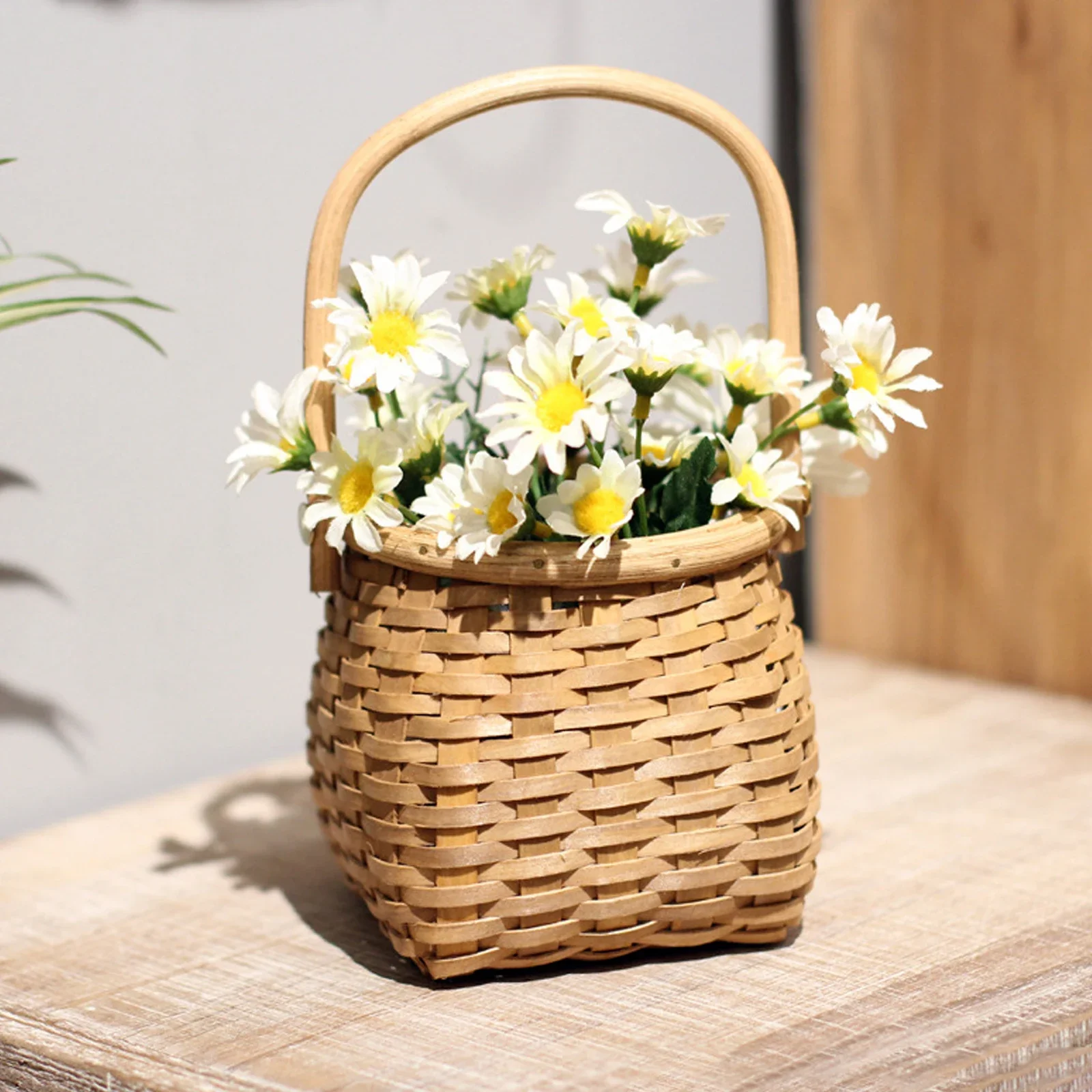 Flower Basket Wood Chip Basketry Garden Vine Pot Photo Props Storage Decor Honey Wooden Hand-woven Wall Hanging Plants Holder