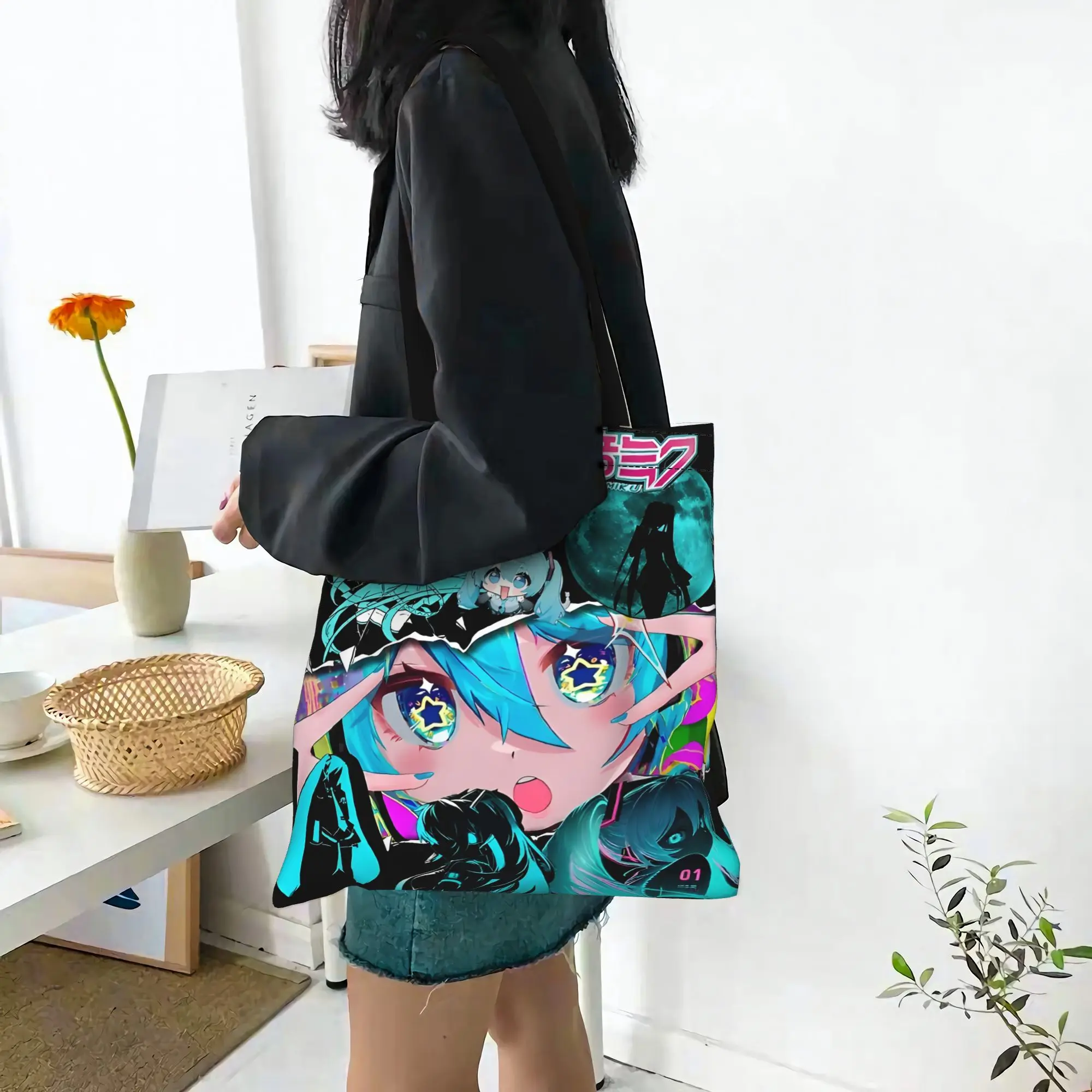 Customized Hatsune Miku Cartoon Singer Women's Bag Shopping Bag Reusable Double Sided Canvas Tote Bag Shoulder  Handbag