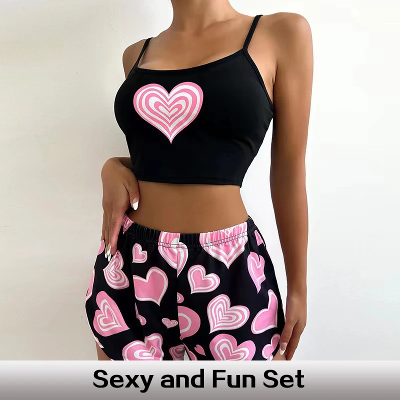 

Ladies' Heart-Shaped Printed Sleeveless Top and Shorts Valentine's Day Pajama Set Summer Suspender Home Sexy Pajama Set