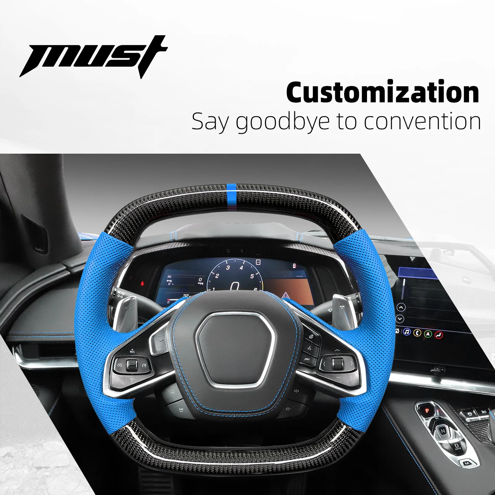 Real Carbon Fiber Steering Wheel For Chevrolet Corvette C8 Customized  Blue Perforated Leather