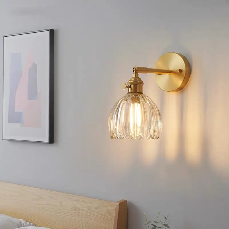 

Simple Brass Glass Wall Lamp Nordic Creative Background Wall Light Modern Living Room Bedroom Bedside Aisle Lighting Fixtures