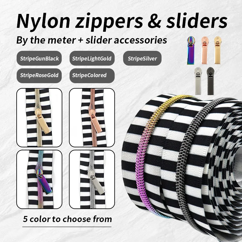 

2/3Sets 5# Striped Sewing Zipper Puller Clothing Decor Nylon Zip Tape Garment Closure Zippers Repair Kit DIY Bag Decor Accessory