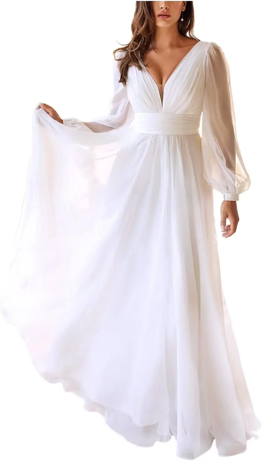 

Женские свадебные платья с длинными рукавами для невесты, шифоновое трапециевидное платье с v-образным вырезом, простое свадебное платье, вечернее платье, вечернее платье