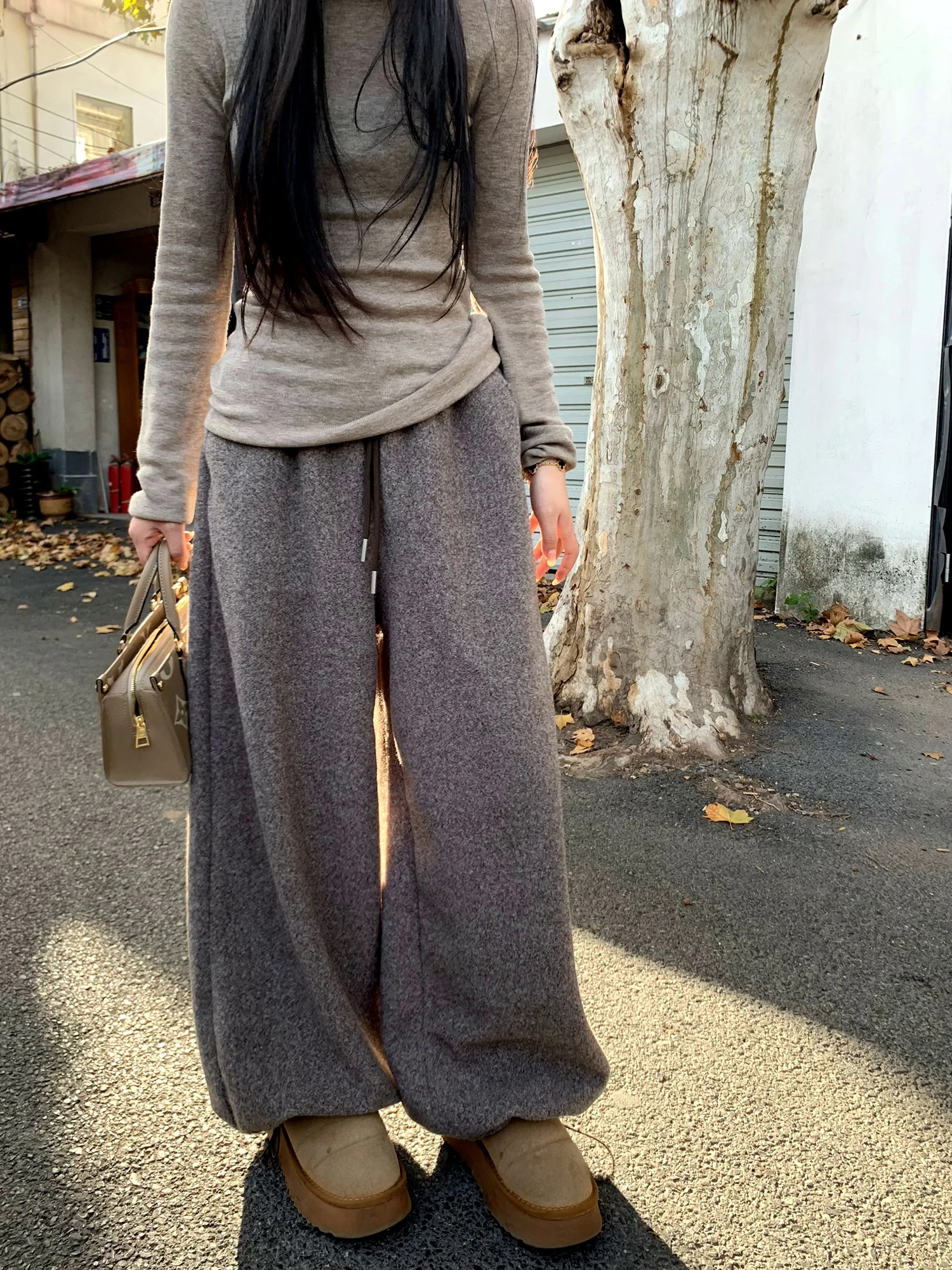 

High Waist Wide Leg Pants Women's Winter New Sle Loose Fit Trousers Dstring Woolen Pants Casual Mocha Color Pants