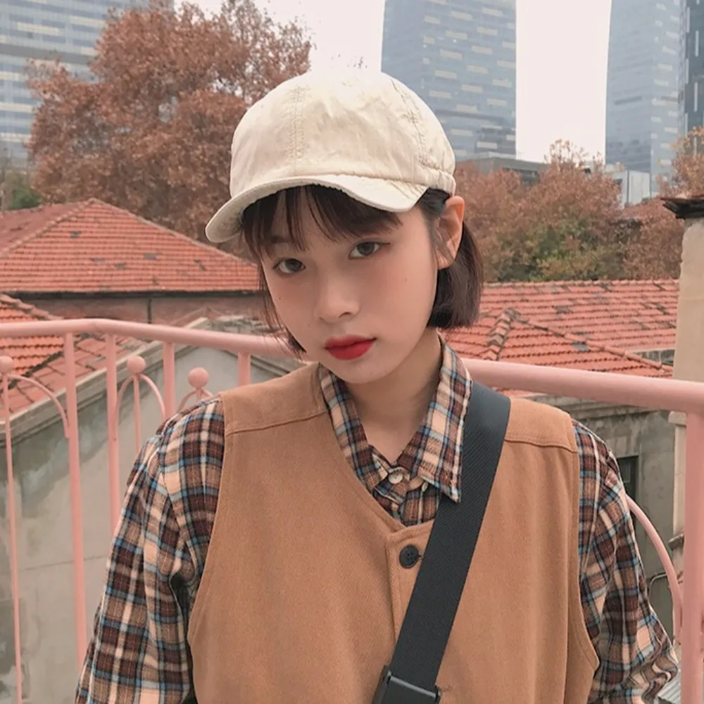 Simple Solid Color Short Brim Baseball Cap Drawstring Adjust Japanese Style Sun Hat Casual Sunscreen Cargo Baseball Cap Girl