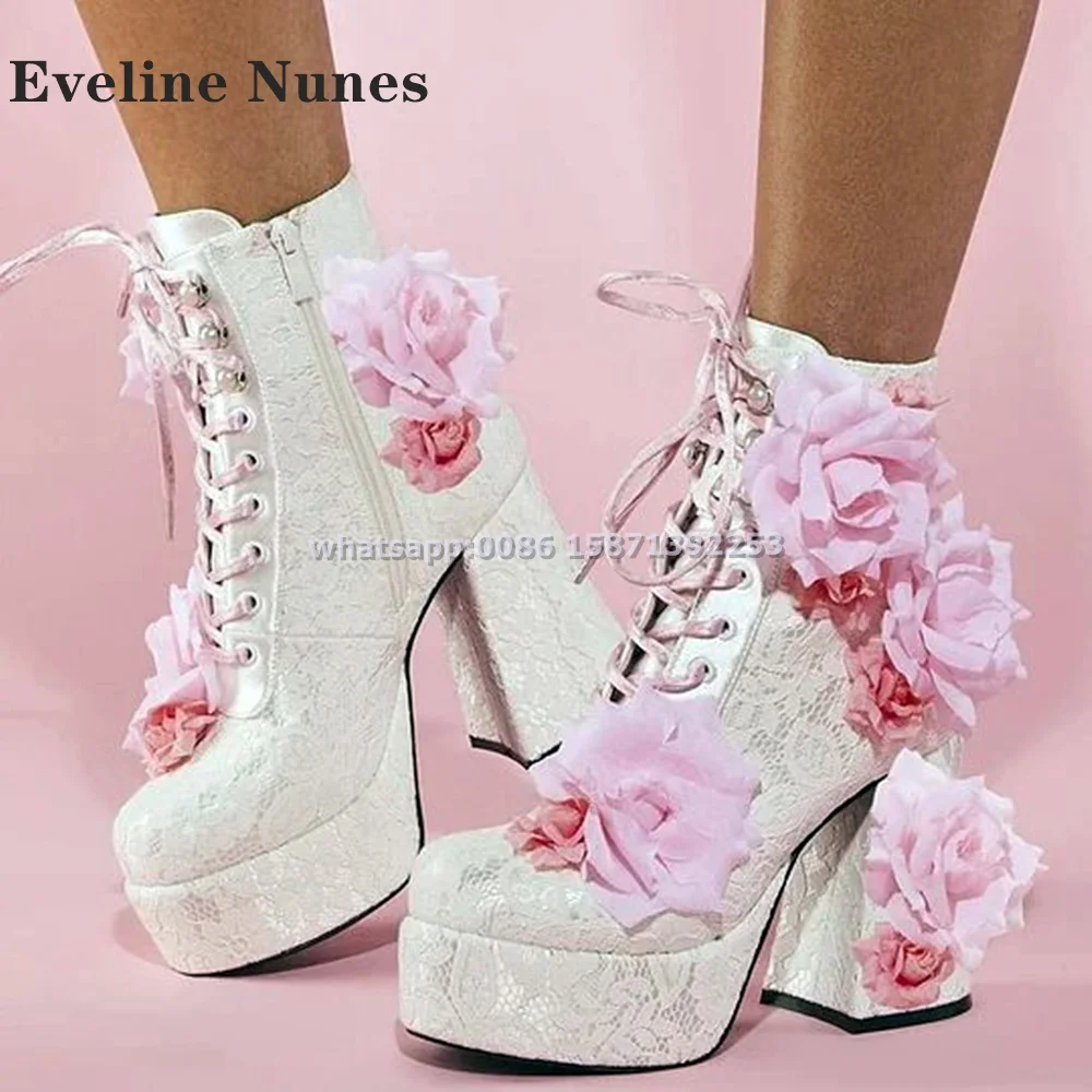 White Lace Platform with Rose Decoration Ankle Boots Round Toe Chunky Heels Cross Tied Zipper Women Booty Sweet Cool Shoes 2024