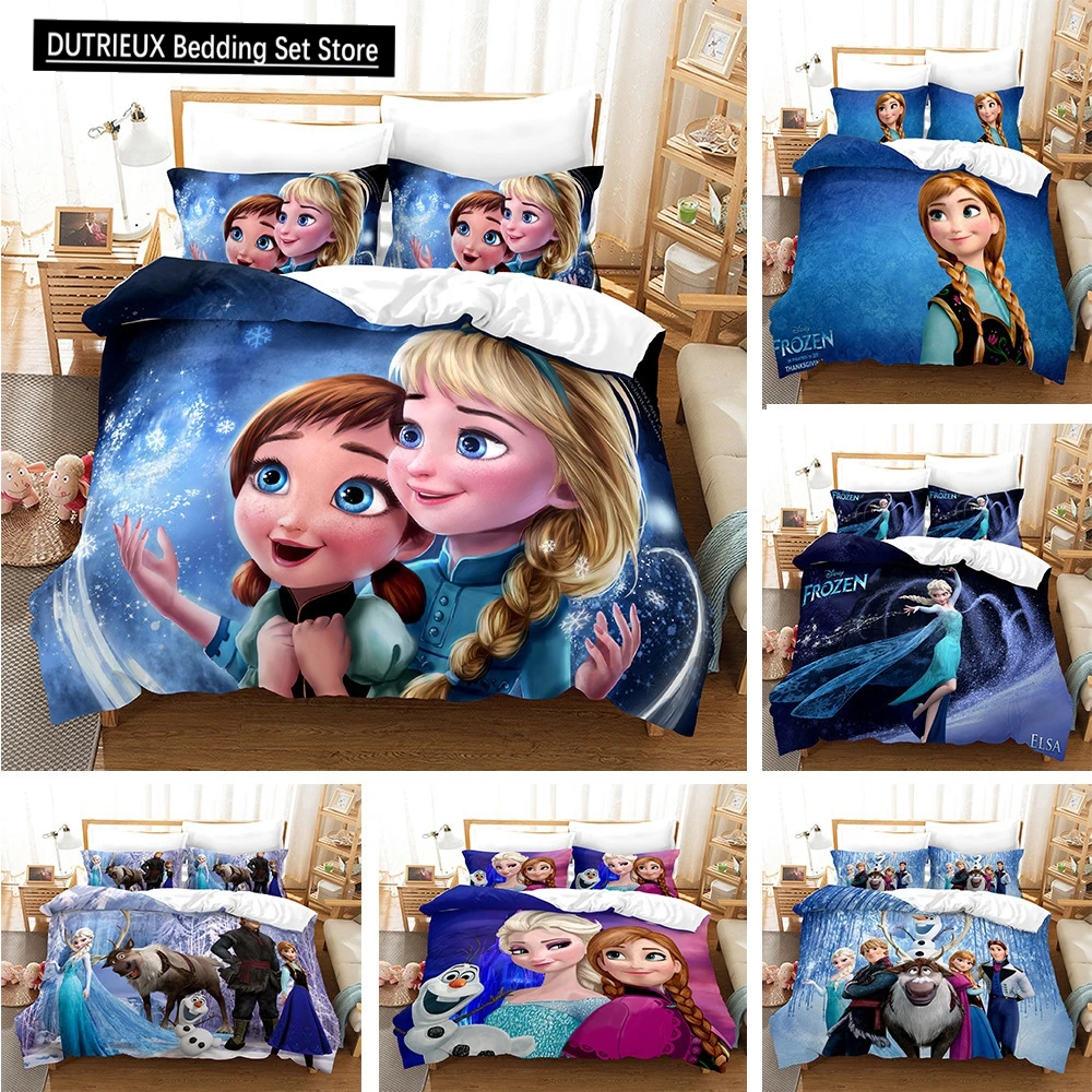 Disney Cartoon Ice and Snow Romance Princess Elsa Bedding Set Princess Anna Girl Heart Quilt Cover Pillowcase