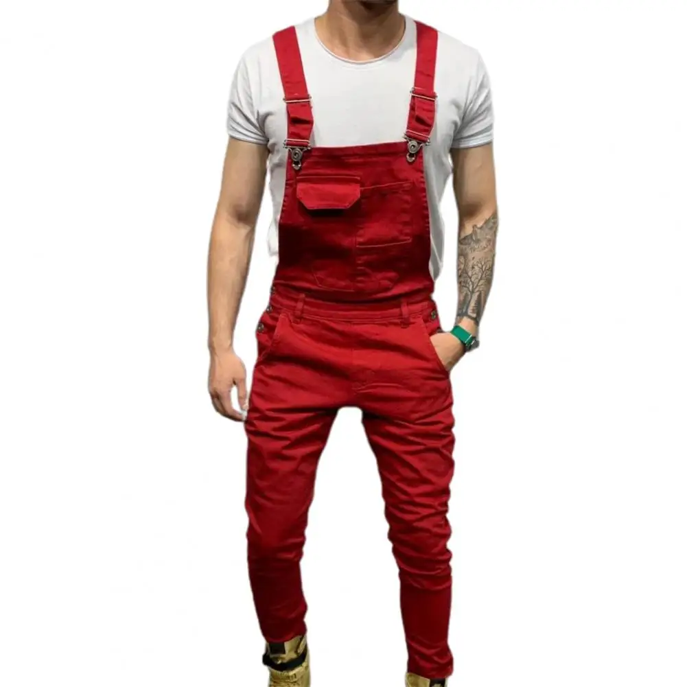 2024 Summer Men Jumpsuit Solid Color Multi Pockets Jeans Overalls Full Length Mid Rise Large Size Cargo Jumpsuit Casual