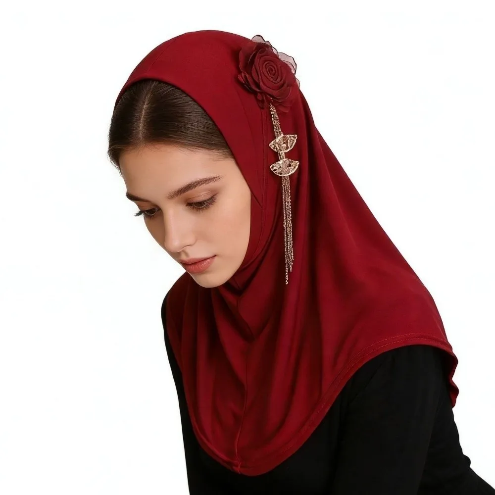 Comfort Round Edge 3D Flower Tassel Hijab Stretch Solid Color Head Wrap High-Elasticity Lightweight Head Scarf Women