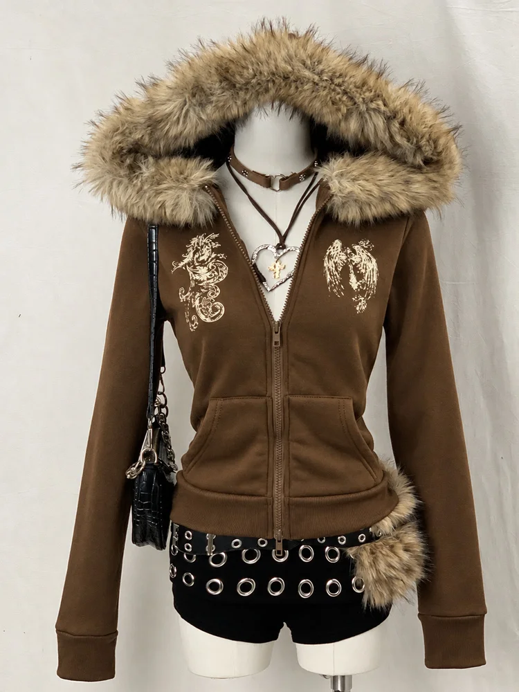 Y2K Gothic Hoodie Women Faux Fur Collar Zip Front Sweatshirt Vintage Angel Dragon Embroidery Long Sleeve Harajuku Streetwear