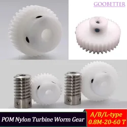 A/B/L-type Stainless Steel Worm 0.8M 20/30/40/50/60 Teeth White POM Nylon Turbine Worm Gear