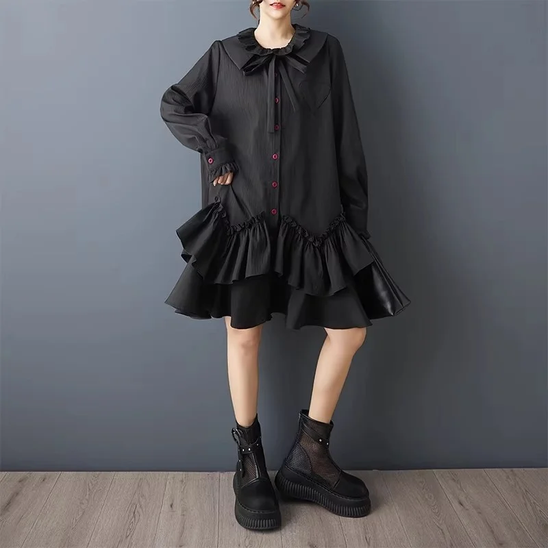 Gothic Vintage Oversized Dress 2026 Spring Autumn Design Double Layered Lace Up Doll Collar Ruffle Patchwork Loose Fit j437
