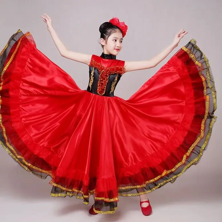 Robe de flamenco rouge longue pour filles, costume espagnol, jupe de scène de salle de Rhpour enfants, robes de danse pour enfants