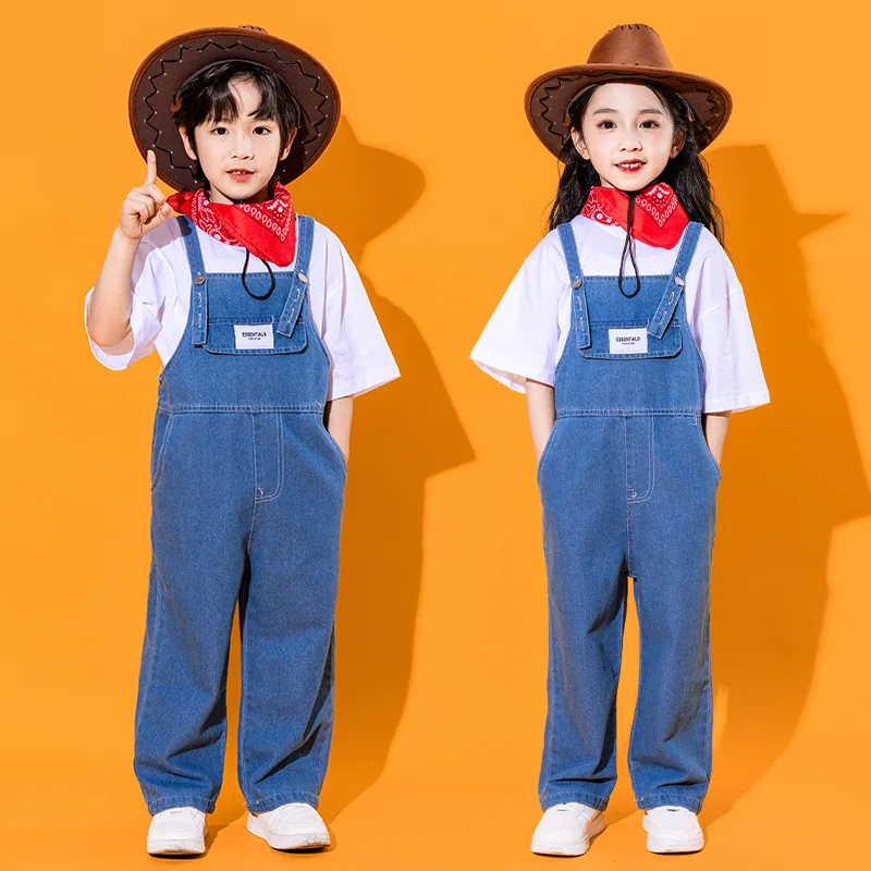 Trajes de dança de líder de torcida infantil meninas denim bib terno meninos esportes soltos e confortáveis moda branca roupas de manga curta