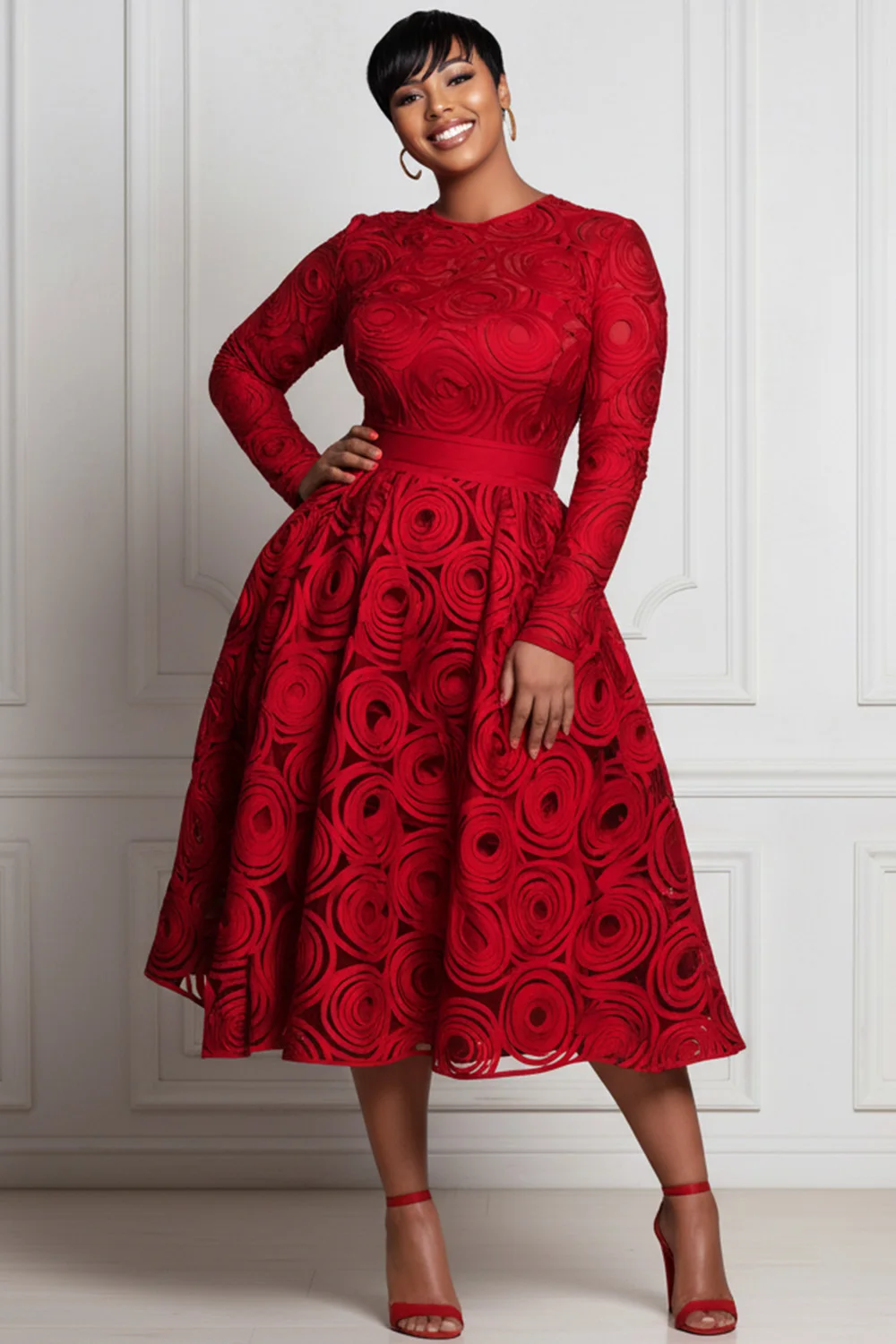 Plus Size Valentines Red All Over Print Round Neck Long Sleeve Pocket Elegant Satin Midi Dresses