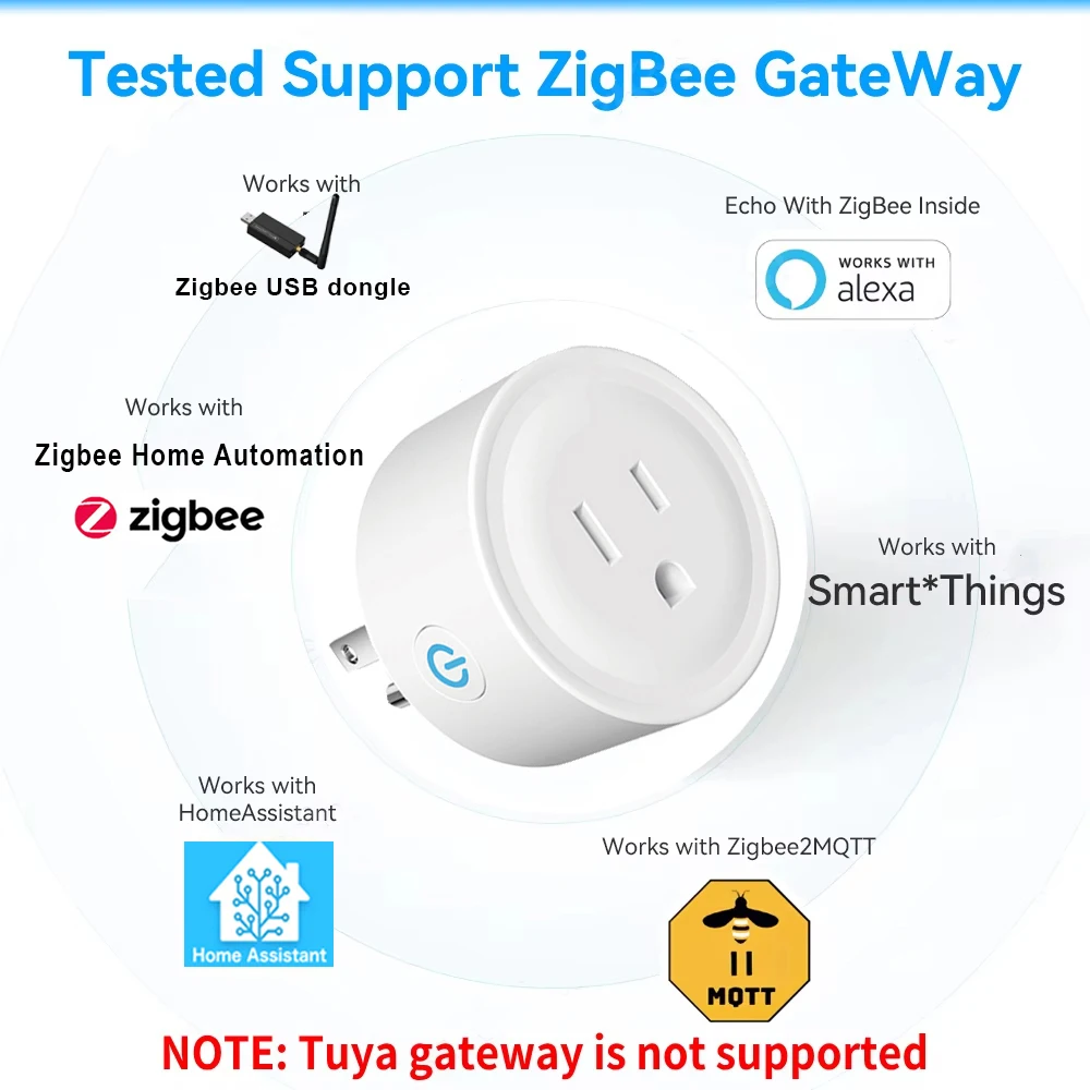 Home Assistant Zigbee Socket US Smart Plug 20A Home Outlet Adapter with Power Monitor APP Control Support Alexa Zigbee2MQTT ZHA