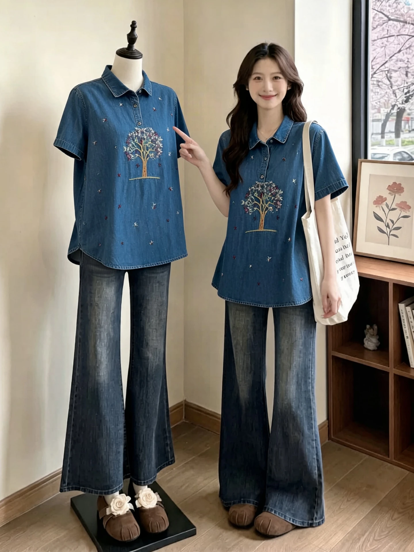 

Blue Embroidered Short Sleeve Denim Shirt Women's Summer New plus Size Slimming Design Age-Defying Top Korean Style Commute Wind