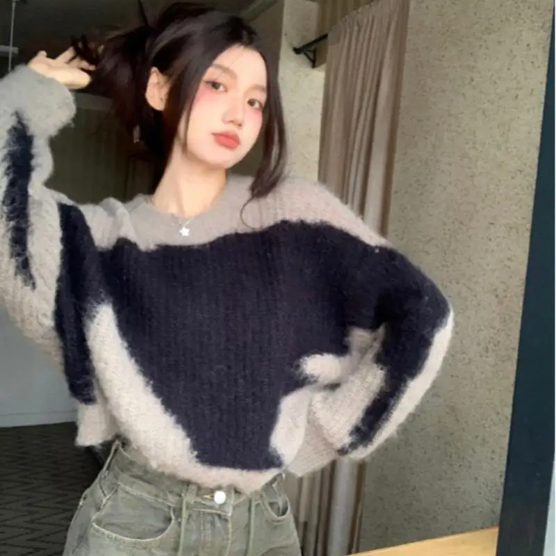 

Vintage Sweater Women Autumn Winter Contrast O Neck Loose Knitted Crop Tops Female Fashion Pullover Casual Jumper