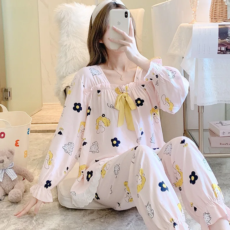 School Pajamas Set Cotton Silk Long Sleeves Fashion Nightdress Sleepwear Women Pijama