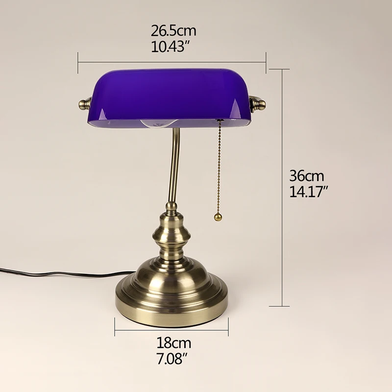 Blue glass shade desk lamp classical retro E27 banker table lamp living room study library bedside lamp with zipper switch