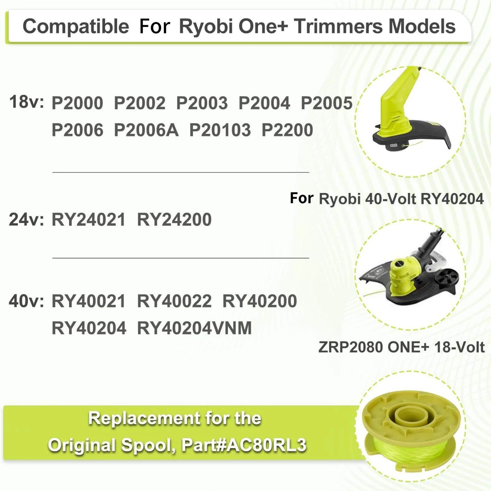 3pcs AC80RL3 Nylon Spools With Line Replacement For Ryobi One+ 18v 24v 40v Automatic Feed Trimmers Models Lawn Mower Accessories