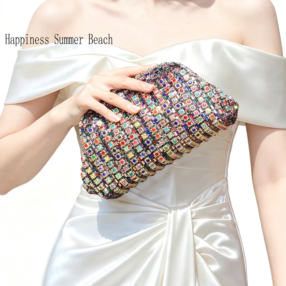 Luxury Shiny Multicolor Full Rhinestone Evening Clutch Bag Detachable Golden Chain Crossbody Bag For Women Wedding Banquet Party