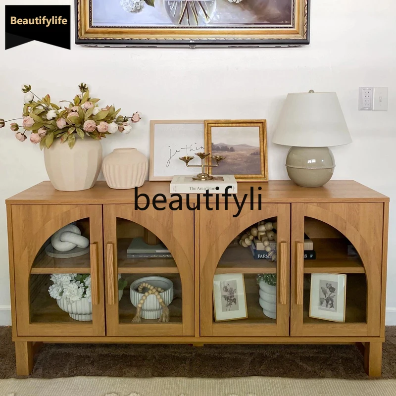 

French Retro Solid Wood Sideboard Natural Wood Color Glass TV Display Cabinet Storage Cabinet