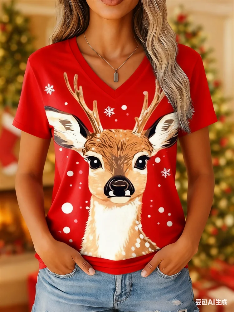 

Fun Elk Pattern Print Women's T-shirt X'mas Harajuku Short Sleeve Tee Summer Casual Loose Top New Year Christmas Female Clothing