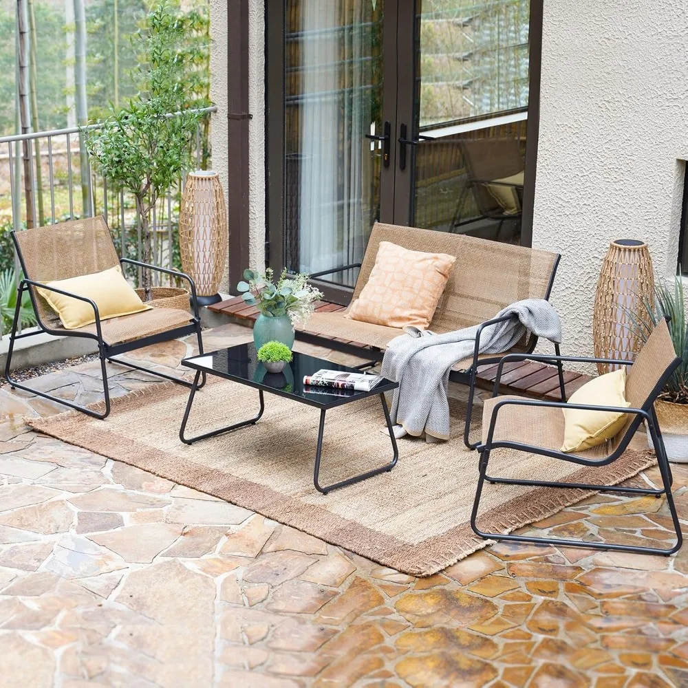 Gartenmöbel-Set, 4-teiliges Set, Textil-Balkonmöbel-Set mit Tisch, Sofa und 2 Stühlen, Stahl