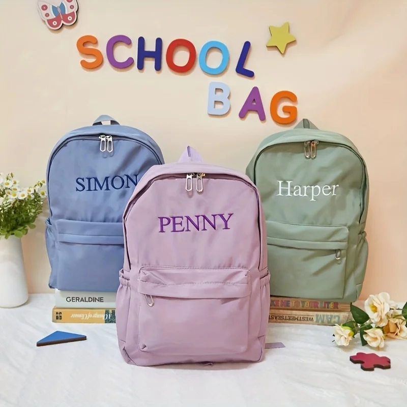 DIY School Backpack Custom Embroidery Text Oxford Cloth Bag for Women Men Student Travel Daypack Lightweight Simple Design