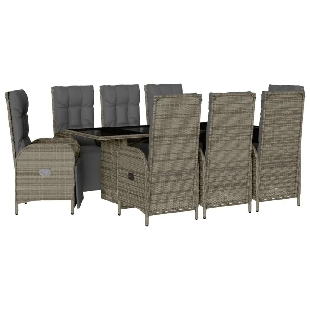 9-Piece Gray Poly Rattan Patio Dining Set with Cushions - Outdoor Garden Furniture