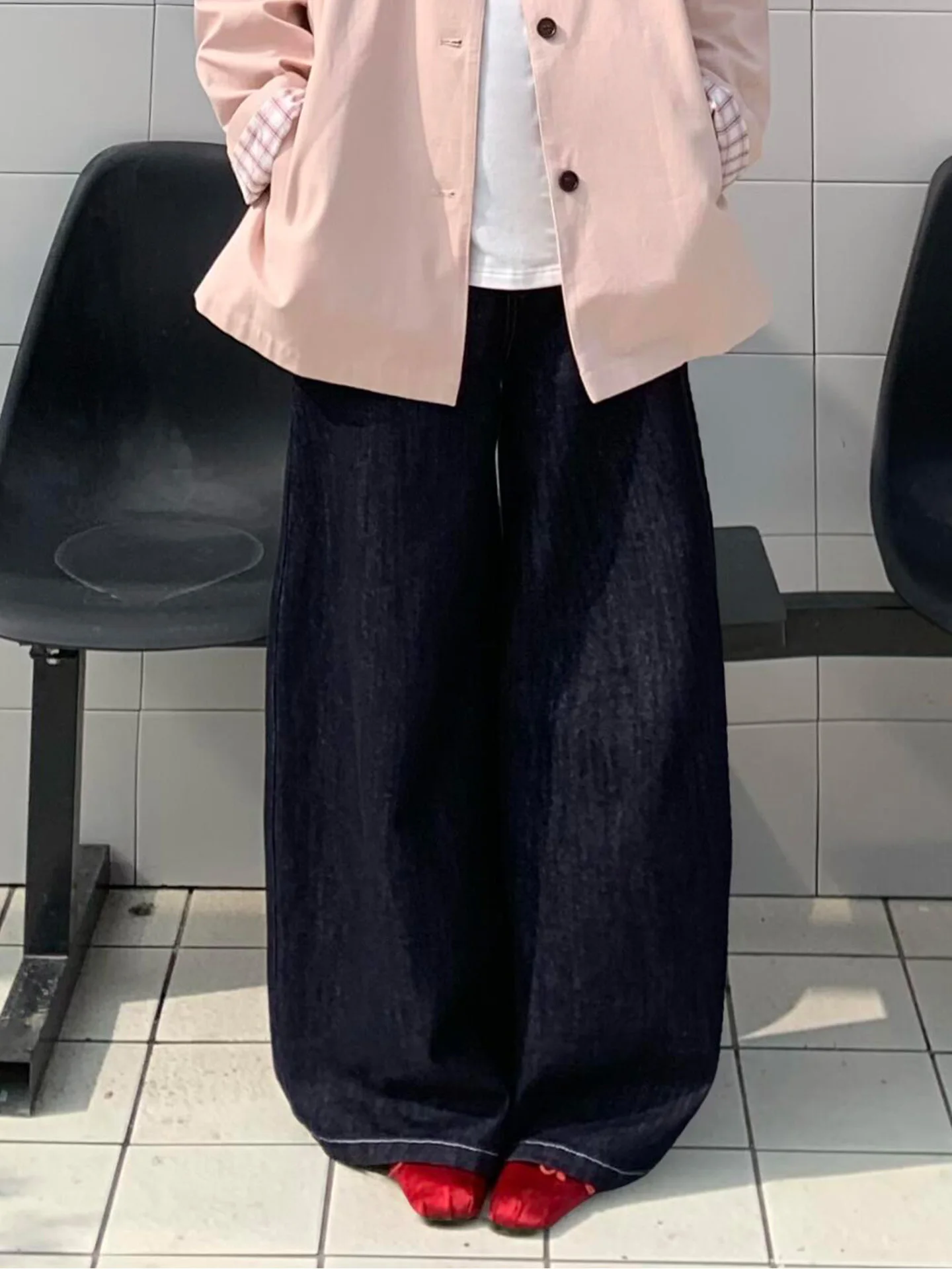 

High Waist Wide Leg Straight Cut Dark Wash Denim Jeans Women's Slimming Summer plus Size American Style Retro Casual Jeans