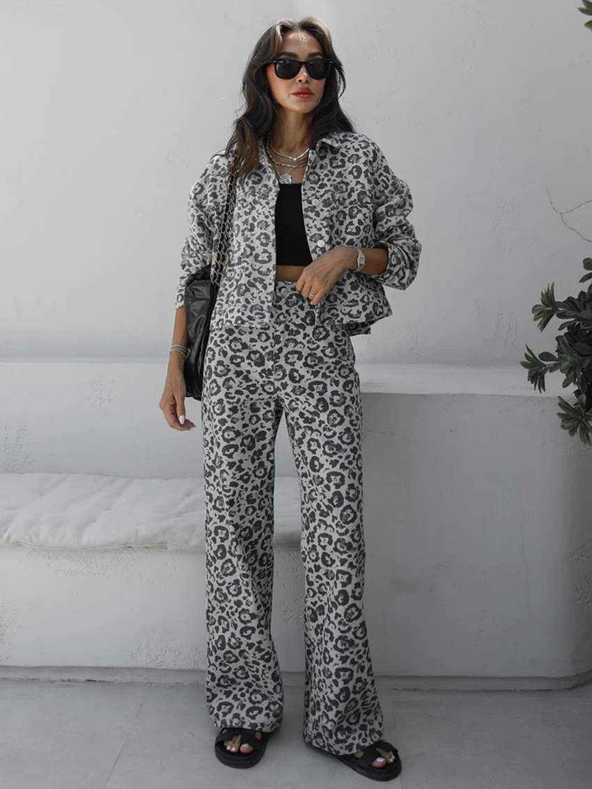 Marthaqiqi Leopard Print Women Nightgowns Set Long Sleeve Nightwear Turn-Down Collar Pajamas Pants Fashion Ladies Sleepwear Suit