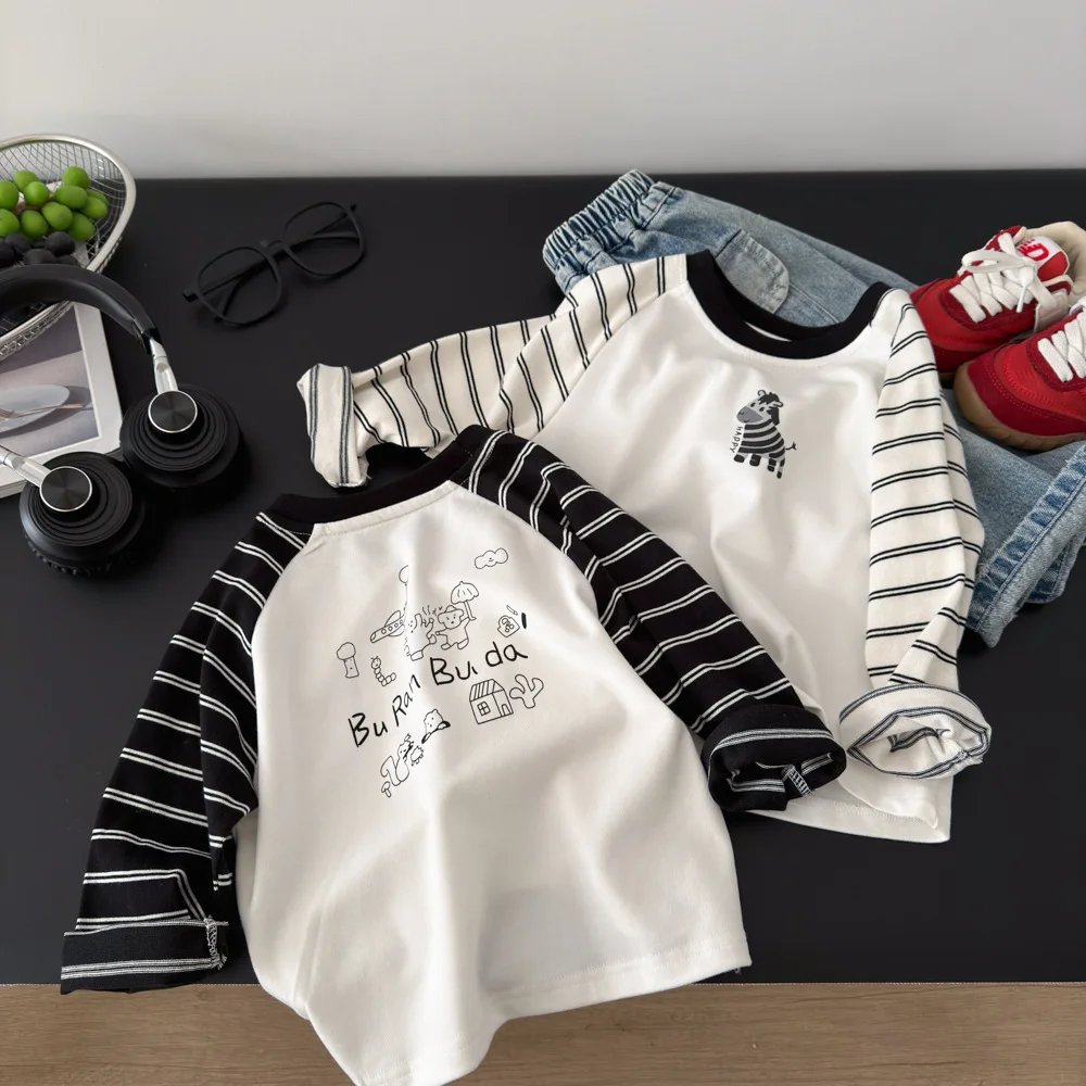 

Весенняя детская футболка в полоску с длинными рукавами для девочек и мальчиков, модная хлопковая одежда