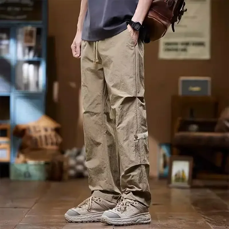 Spring Autumn New Fashion High Waist Men's Clothing Solid Color Loose Casual Rope Hombre Workwear Thin Wide All Match Leg Pants
