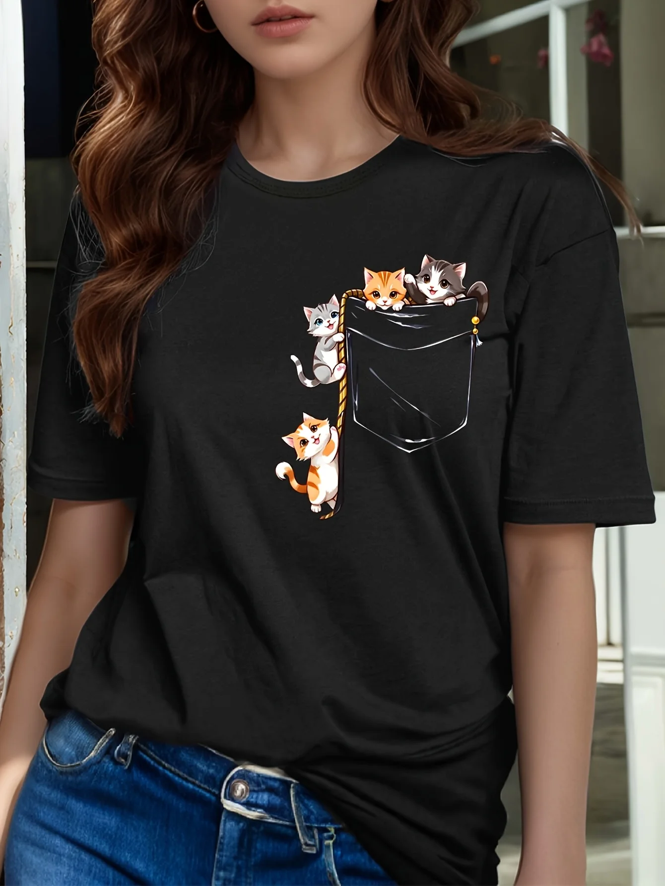 2026 Summer Women's Short Sleeved Round Neck Pocket Cat Print T-shirt, Cute Pocket Cat Pattern Short Sleeved T-shirt