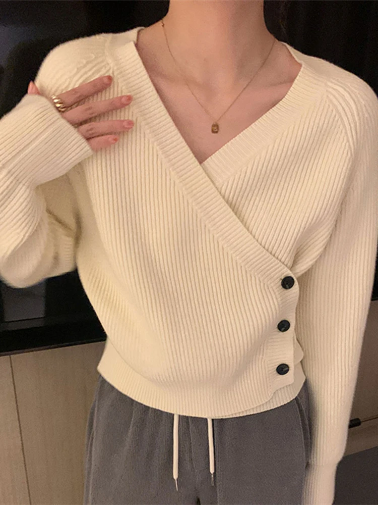 Autumn Winter Ribbed Sweater Pullovers Women 2024 Knitted Sexy V-neck Sweater Pullover Female Long Sleeve Open Stitch Tops