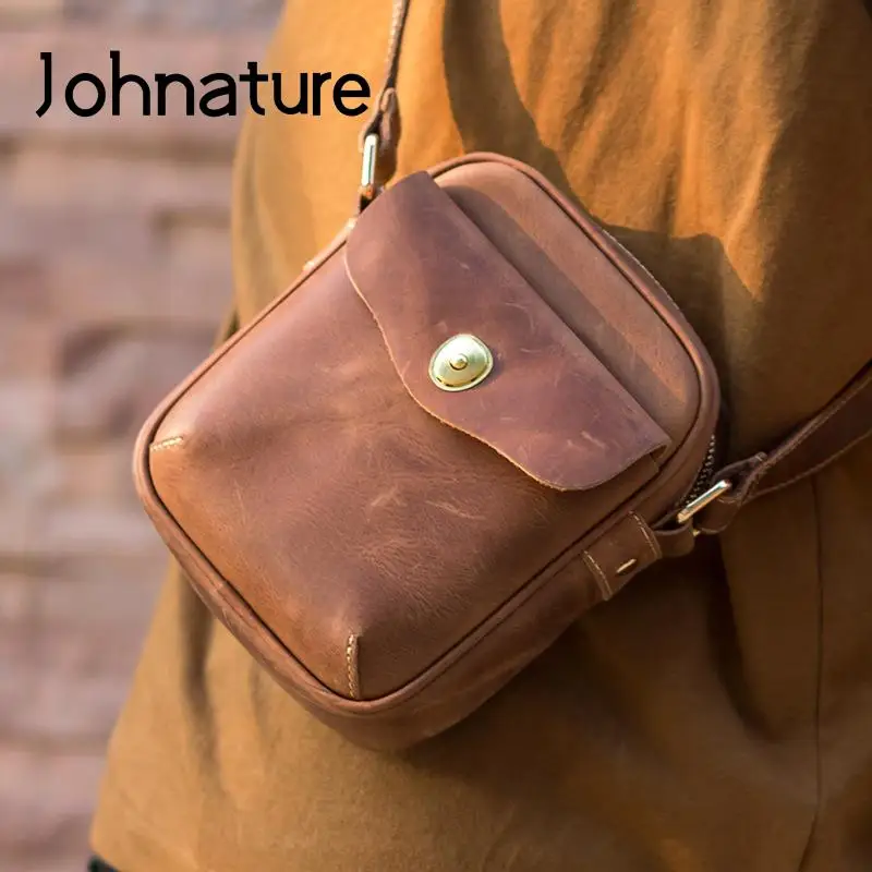 

Johnature Retro Crazy Horse Leather Small Shoulder Bags Unisex Versatile Nature Cowhide Handmade Mobile Phone Messenger Bag