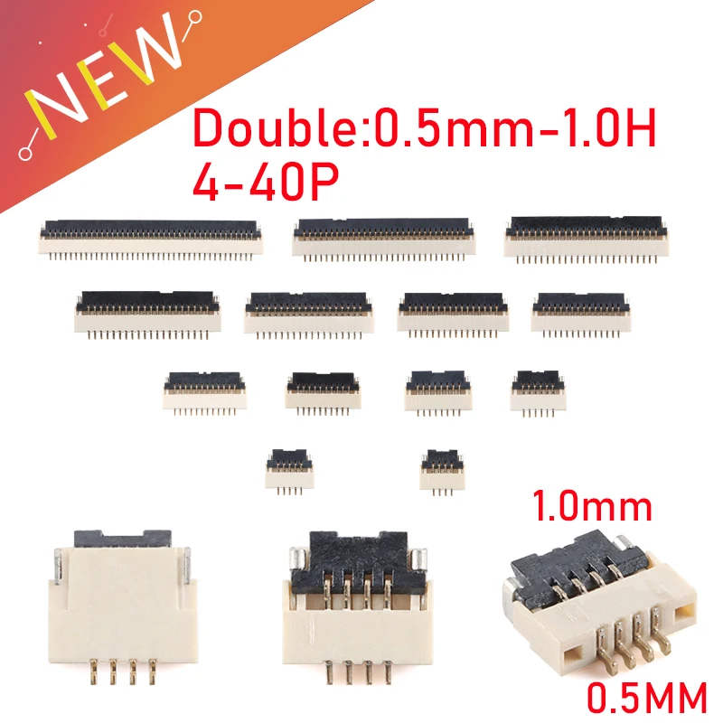 10Pcs FFC/FPC connector 0.5mm-1.0H 4-40P front flip cover gold-plated Pitch 0.5mm, flat wire socket, double connection