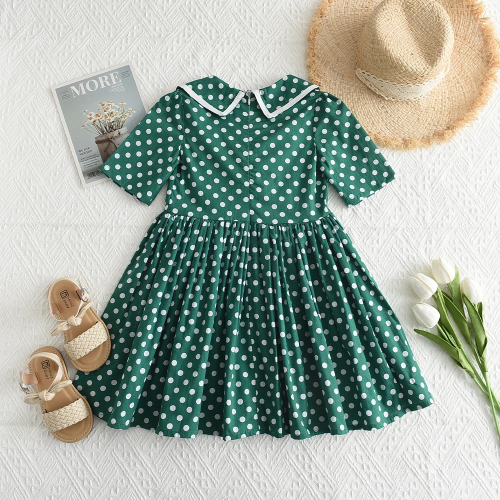 Bear Leader 2023 New Girls Summer Dress Short Sleeve Cotton Dot Green Retro Dress British Style Double Breasted Girls Dress